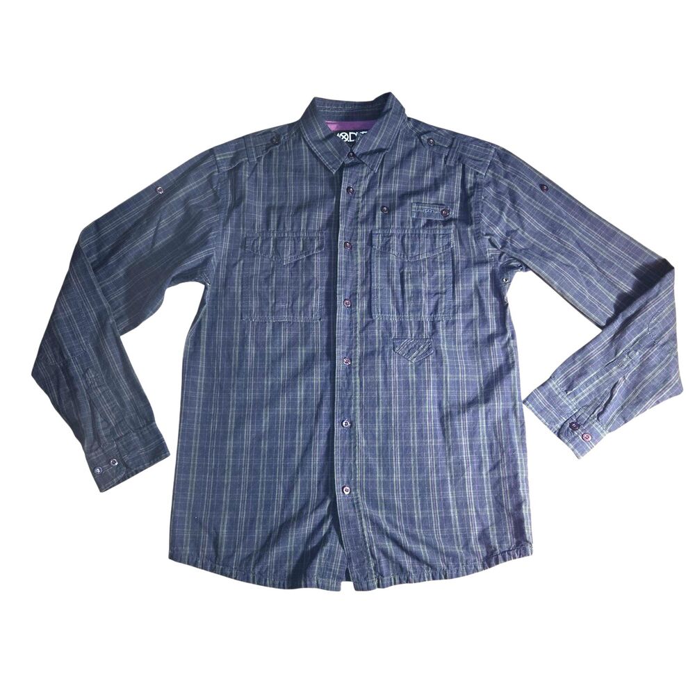 10.DEEP Navy, Green & Purple Plaid Long Sleeve Button Up Casual Shirt‎ Size L